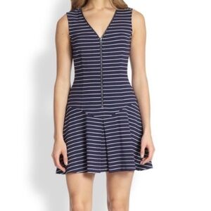 6⚓️ Theory Navy Blue White Stripe Drop Waist Zipper Sleeveless Pleated Dress